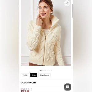 Talbots Medium cable knit, zip front cardigan in cream